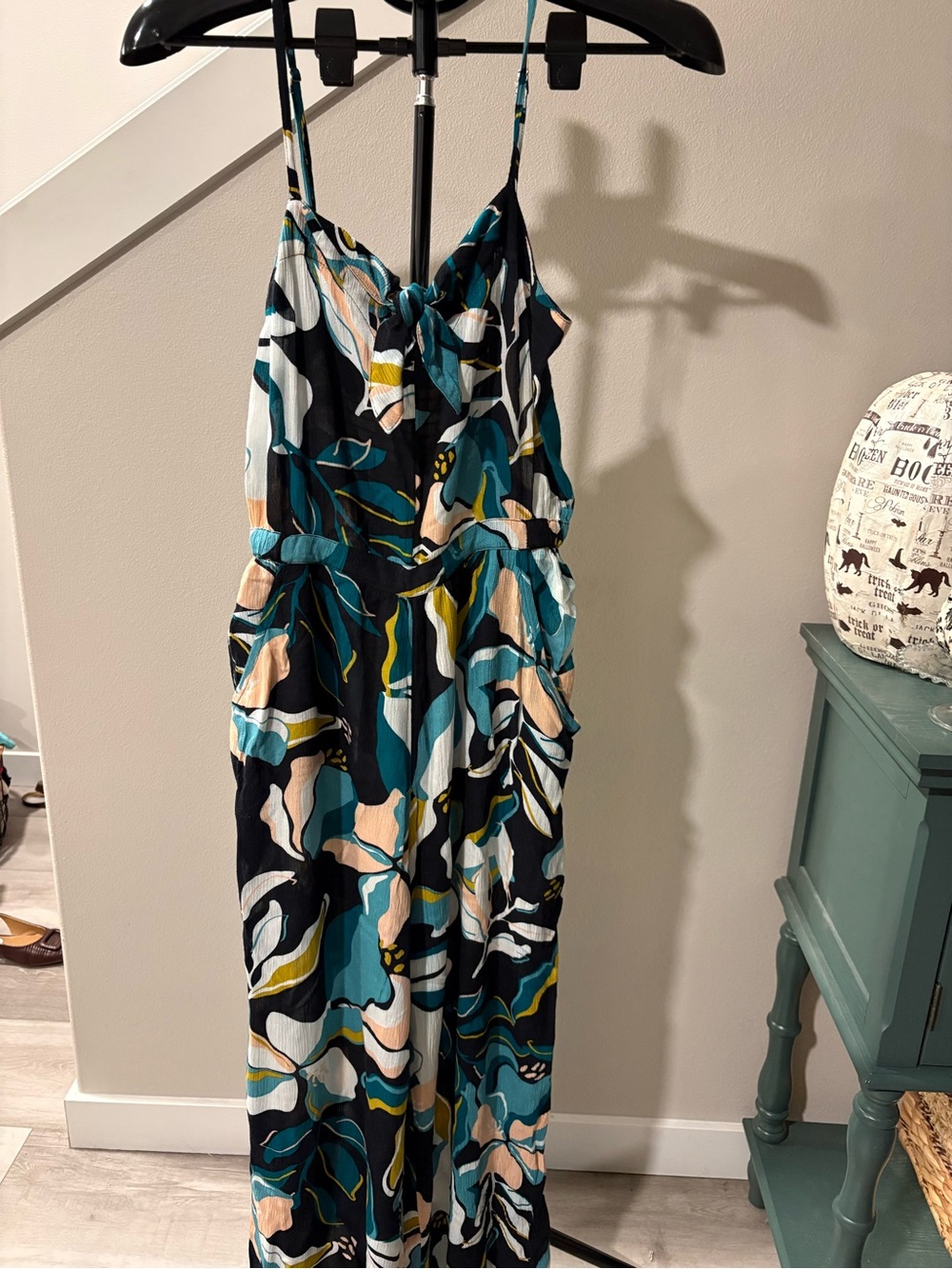 Roxy Teal, Black and Cream Abstract Print Maxi Dress